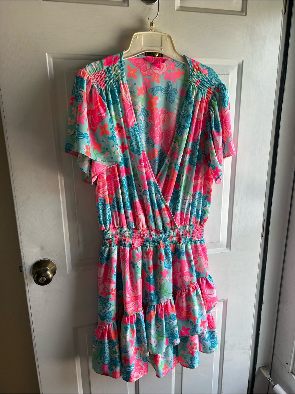 Lilly Pulitzer Floral Wrap-Style Summer Dress in Pink & Teal